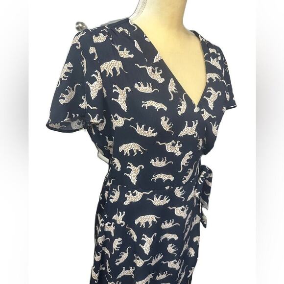J. Crew Cheetah Navy Blue Mini Wrap Dress Size 2 - Picture 2 of 7